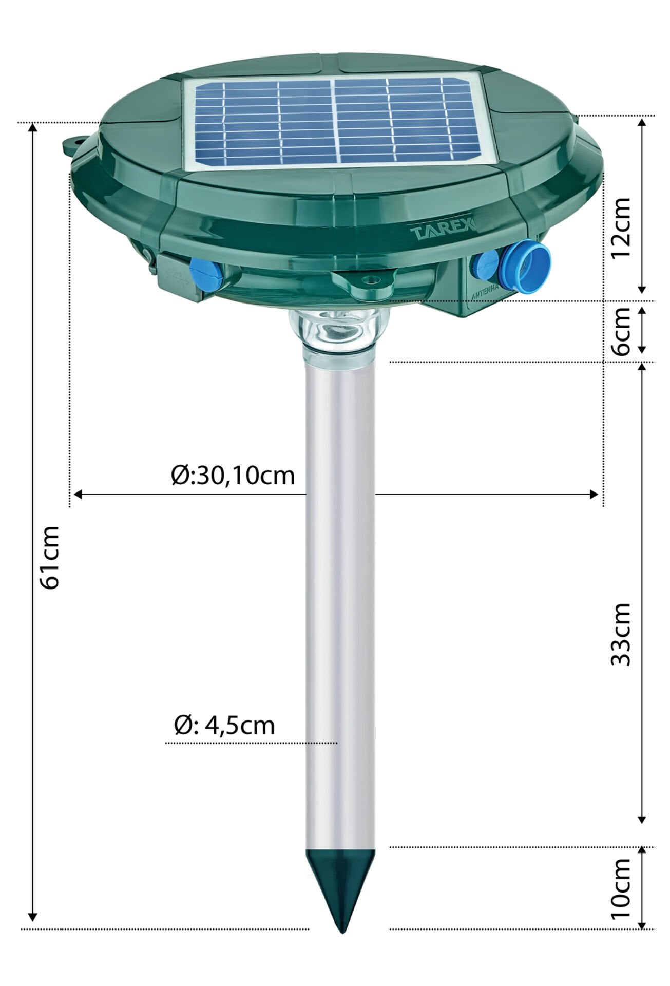 جهاز TAREX TP-1500 لطرد الشامات والعقارب والثعابين والفئران بالطاقة الشمسية. محرك بالموجات فوق الصوتية واهتزاز تيار مستمر.