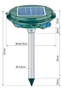 جهاز TAREX TP-1500 لطرد الشامات والعقارب والثعابين والفئران بالطاقة الشمسية. محرك بالموجات فوق الصوتية واهتزاز تيار مستمر.